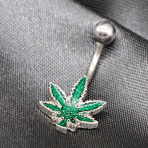 Green Marijuana Pot Leaf Glitter Enamel Steel Belly Ring