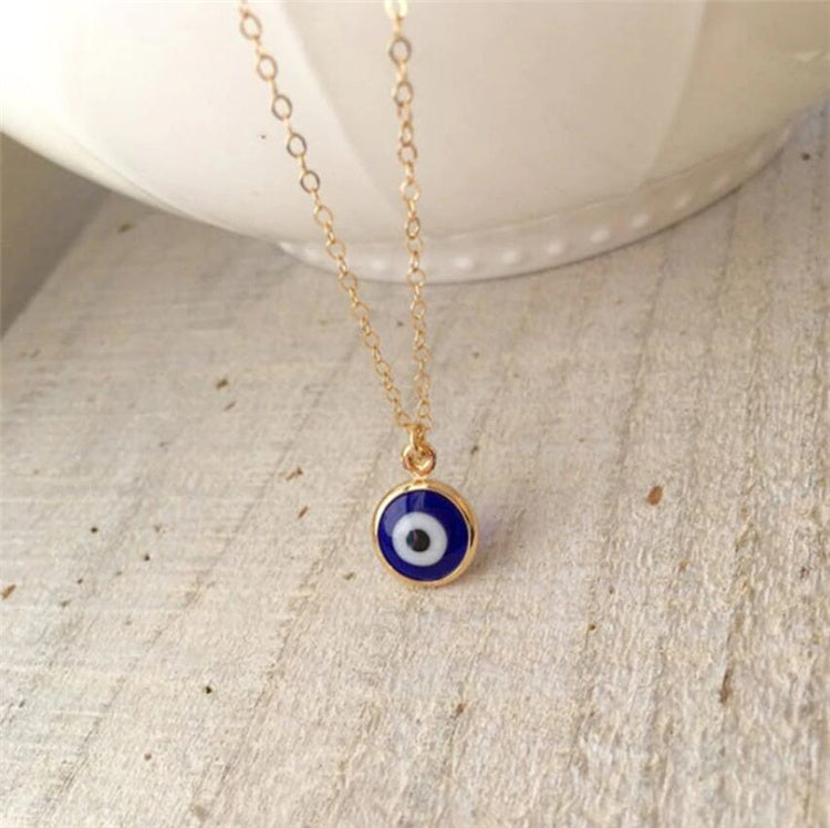 14K Gold Plated Tiny Evil Eye Pendant Chain Link Necklace