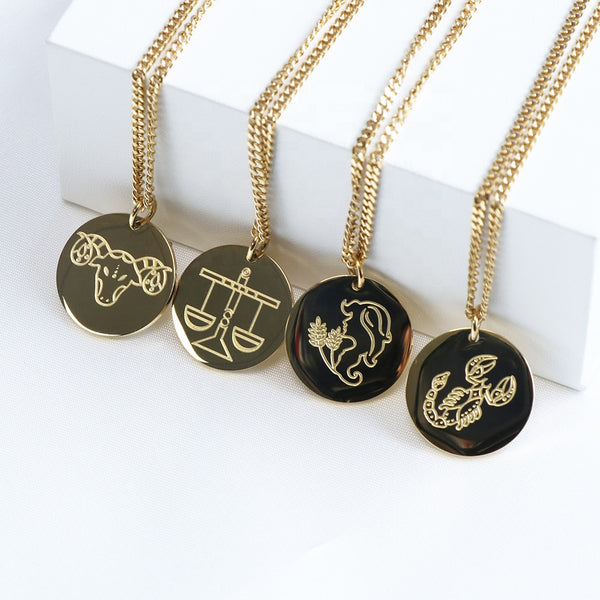 18K Gold Plated Zodiac Sign Disc Pendant Necklace