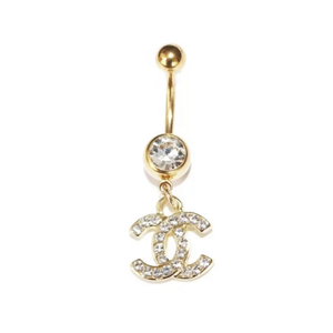 Cute Classy 14K Gold CZ Gems Dangle Steel Belly Ring